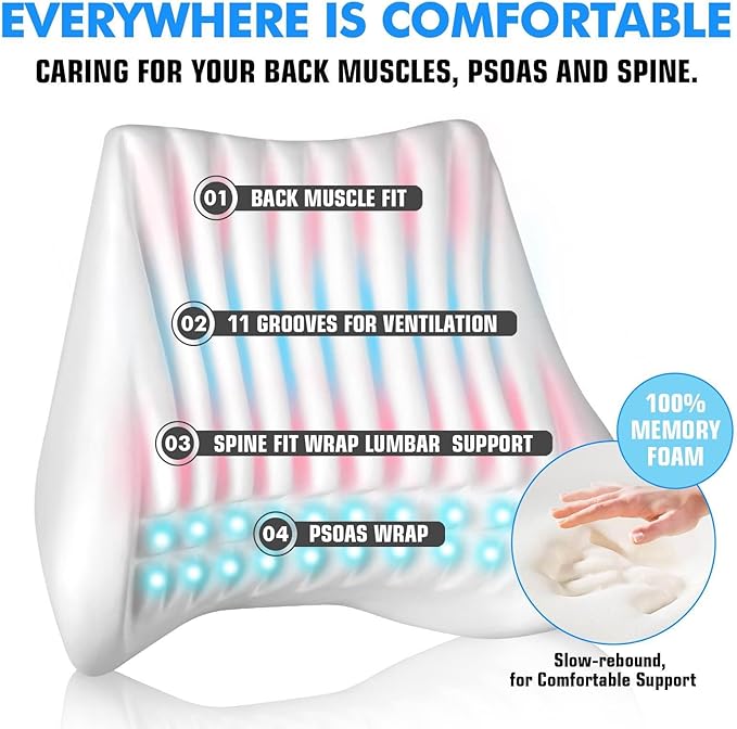 Soft Lumbar Support Pillow for Driving Seat 100% Memory Foam Lumbar Pillow for Lower Back Pain Relief, Lumbar Support Cushion for Car Seat, Office Chair Dark Grey