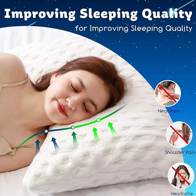 Cooling Side Sleeper Pillow for Neck and Shoulder Pain, Luxury Shredded Memory Foam Curved Bed Pillows for Sleeping Set of 2- Adjustable Queen Size- Washable Cover Crescent White
