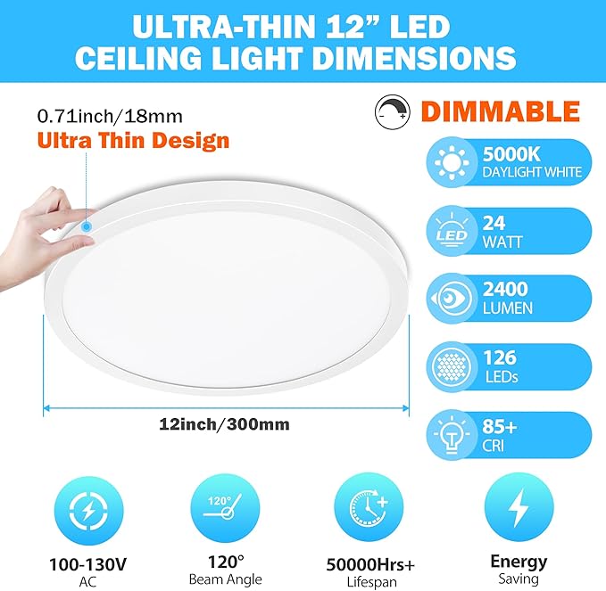 SunRider 4 Pack 12 Inch LED Flush Mount Ceiling Light, 2400LM, 5000K Daylight White, 24W Dimmable Modern Slim Round Flat Ceiling Lights for Bedroom