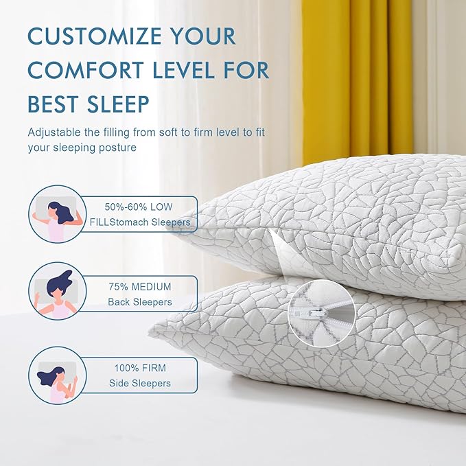 Dafinner Adjustable Shredded Memory Foam Pillows Standard/Queen Size - 100% Removable Cover from Bamboo Derived Rayon, Cooling Medium Bed Pillows for Side Stomach & Back Sleepers - Pack of 2, 20"x28"