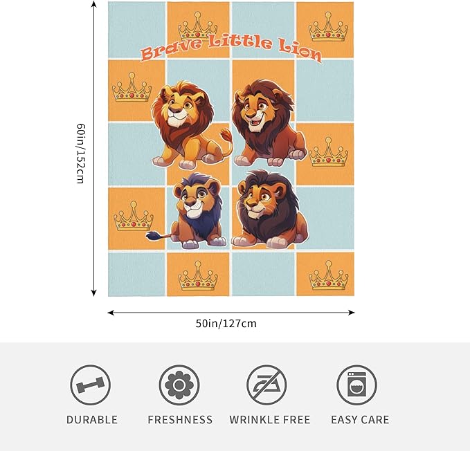 Cute Cartoon Flannel Blanket for Kids, 50" L x 60" W Inches – Soft and Cozy Plush Throw Blanket for Boys and Girls – Perfect for Bed, Couch, or Travel (Lion)