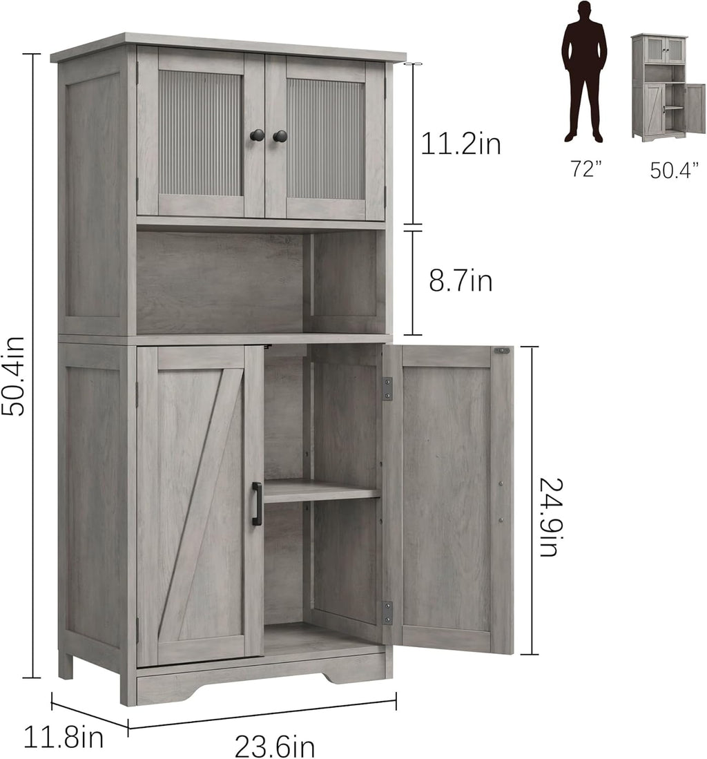GarveeHome 54in Tall Bathroom Cabinet, Farmhouse Storage Cabinet with Glass Doors and Adjustable Shelves, Freestanding Kitchen Pantry Cabinets, Cupboard for Living Room, Dining Room, Gray