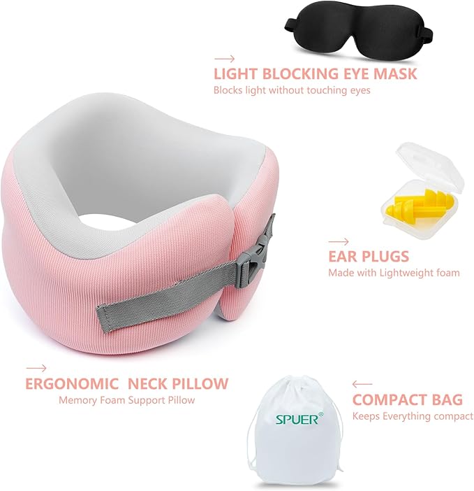 Neck Pillow, Travel Pillows for Airplanes, 100% Memory Foam Airplane Pillow, Portable Adjustable Neck Pillow for Flight, Comfortable & Breathable Cover, Machine Washable, Travel Essentials Kit
