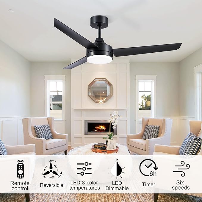 Black Ceiling Fans with Lights and Remote Control，Modern 52 Inch Ceiling Fans with Lights and 6-Speed Modes -Adjustable Dimming - DC Motor - Perfect for Living Room, Bedroom，Dining Room