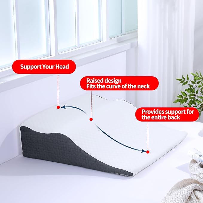 HOMBYS 8" Bed Wedge Pillow for Back & Side Sleepers, Wave-Shaped Design Fit The Neck Curve, Back Support & Neck Elevation Pillow, Slow Rebound Foam Filling Supportive Pillow with Breathable Cover