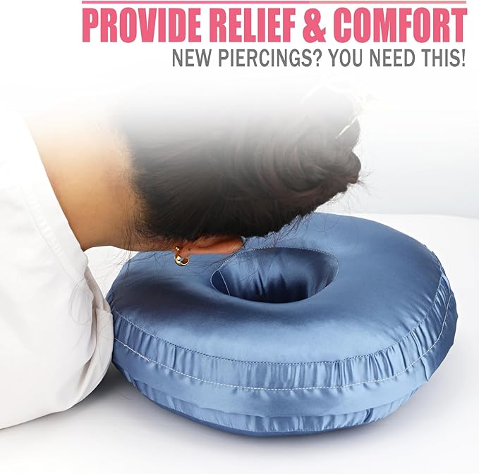 Satin Ear Piercing Pillow Removable Cover Luxury Cnh Pillow with Ear Holes for Ear Pain Side Sleepers Washable Large Donut Pillows Head Neck Support HazeBlue