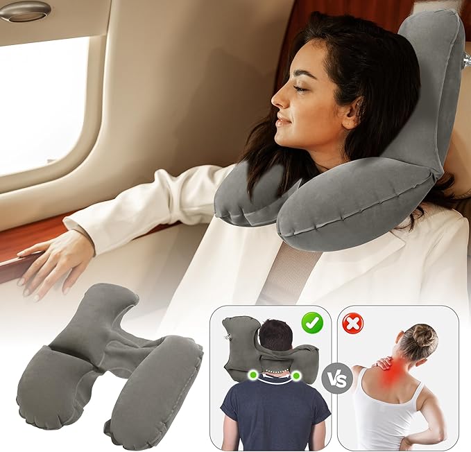 MABOZOO Inflatable Travel Neck Pillow, Portable Blow up Neck Pillow for Chin, Head Support Soft Velvet Airplane Pillow for Sleeping,Traveling,Train, Car, Office