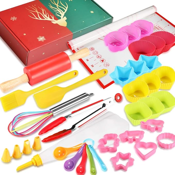 Kids Cooking and Baking Set 40 Pcs with Gift Box, Real Kitchen Utensils Kit for Children Toddlers Teens, Gift for Girls&Boys, Nonstick Rolling Pin Silicone Pastry Mat Cupcake Molds