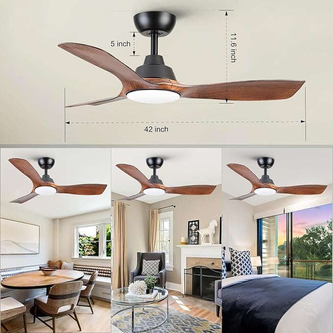 Sevenine Ceiling Fan with Light,Wood Brown Ceiling Fan,3 Blades,Downrod,6 Speed Adjustable,Dimmable LED,3 Timers,Reversible DC Motor, for Patio Living Room Bedroom Dining Room (Wood Brown, 42Inch)