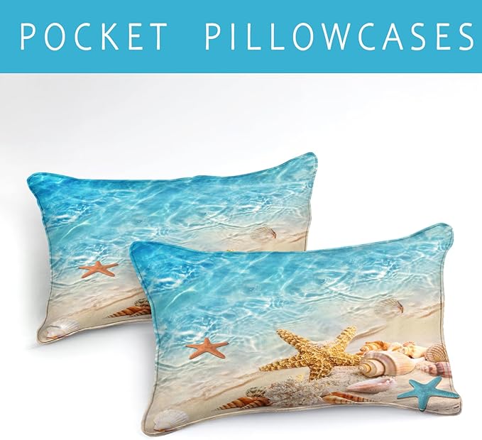 Bedbay California King Comforter Set Beach Comforter Set Starfish Marine Life Turquoise Ocean Bedding Comforter Set California King Soft Microfiber Beach Bed Comforter4 Pcs(104" Wx96 L)
