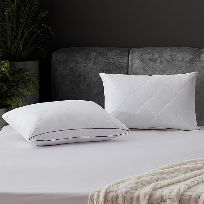 UNIKOME Goose Feather and Down Pillows,Oval Gusseted Feather Down Pillow for Sleeping, 100% Cotton Pillow Cover, Queen Size, Set of 2