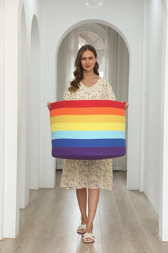 24" x 24" x 17" Max Size Large Cotton Rope Basket, Extra Large Storage Basket, Woven Laundry Hamper, Cloth Storage Bin, for Blankets Clothes Towels Pillows in Living Room, Rainbow
