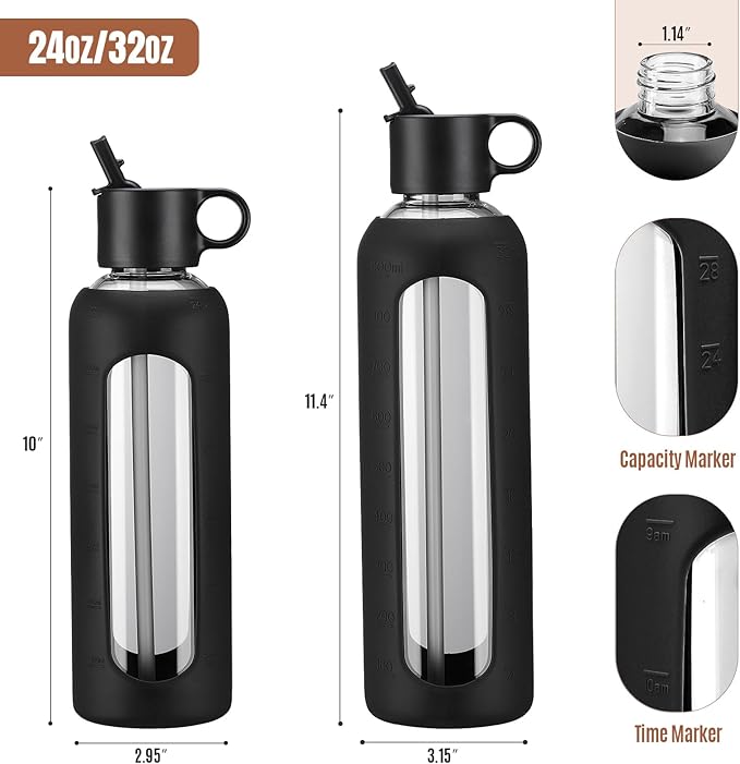 32oz Glass Water Bottle With 2 Lids-Flip Straw Lid, Bamboo Lid, Glass Water Bottle With Silicone Sleeve, Motivational Time Marker, Glass Juice Bottle for Cold Drink,Black