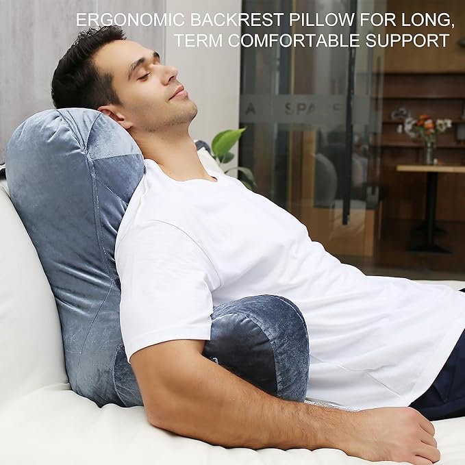 Reading Pillow 31”Wx21”H Back Pillow for Bed Sitting Up, Bed Pillow with Shredded Memory Foam with Arm Backrest, Back Support Pillow with Leg Pillow and Pocket for Reading/Gaming/Relaxing