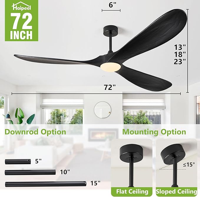 72 Inch Wood Ceiling Fans with Lights and Remote Control, Outdoor Ceiling Fan with Light Solid Wood Modern Black Large Ceiling Fans Propeller Indoor Patios Garage Bedroom High cfm, Matte Black