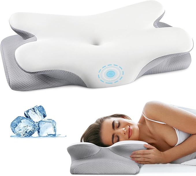 Cervical Neck Pillow for Pain Relief - Contour Memory Foam Pillows with Cooling Pillowcase, Neck Support Pillows for Sleeping, Ergonomic Orthopedic Pillow for Side, Back, Stomach Sleepers (White)