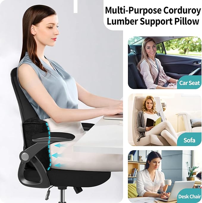 Lumbar Support Pillow for Office Chairs, Back Support Pillow for Lower Back Pain Relief, Soft & Good Support Corduroy Desk Lumbar Cushion, 17.5"x10"x5.5", Medium（Black