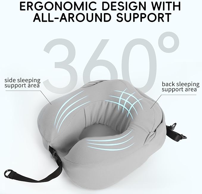 Travel Pillow with Hood for Airplane, 100% Pure Memory Foam Hooded Neck Pillow for Traveling, Car, Office, Soft, Machine Washable, Easy Storage, Gray