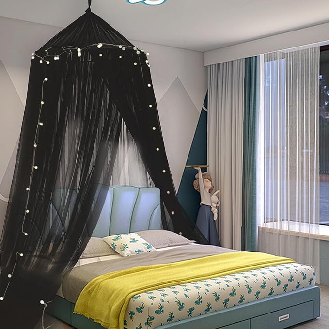 Mengersi Bed Canopy with Lights,Princess Bed Canopy Canopy Bed Curtains for Girls Room,Mosquito Netting Canopy Reading Corners Room Decor for Girls (Black)