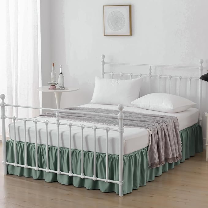Bed Skirt King Size Ruffled Bed Skirts with Split Corners,14 Inch Drop Dust Ruffle Bed Skirt with Platform, King, 14 Inch, Sage Green