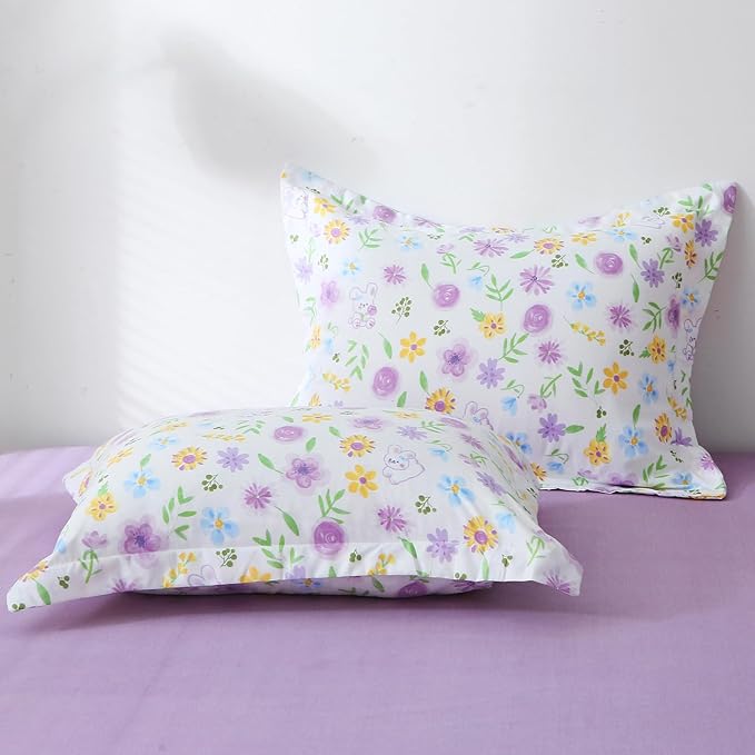 Wajade Floral Comforter Set Bed in A Bag Full Size 7 Piece Purple Flower Green Leaves Rabbits Bedding Set for Girls (1 Comforter, 1 Flat Sheet, 1 Fitted Sheet, 2 Pillowcase and 2 Pillow Sham)