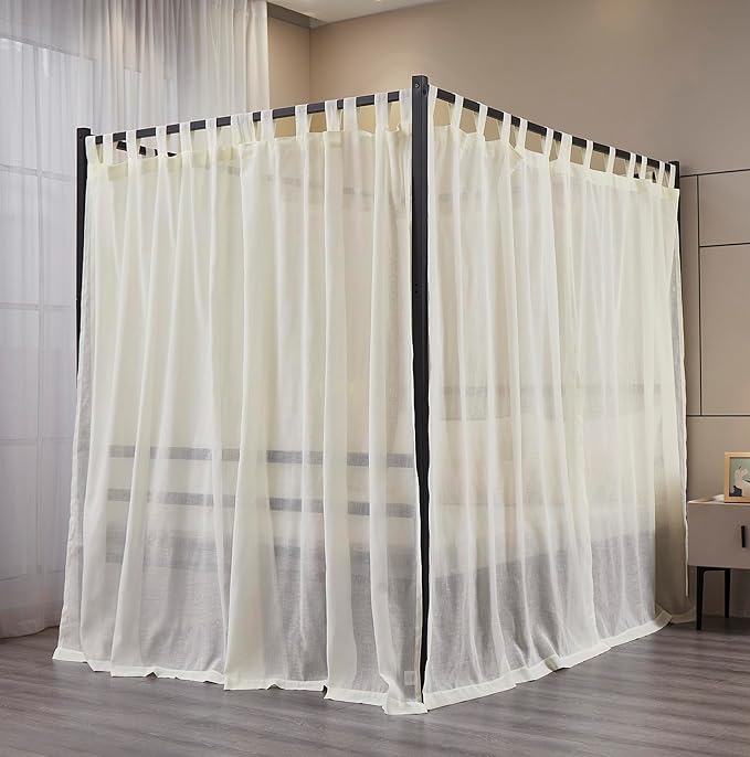 Mengersi Linen Canopy Bed Curtains for Twin,Full,Queen and King Size Bed,Bed Canopy Natural Blended Curtain Panels, 8 Panels Set (All Bed Sizes, Ivory)