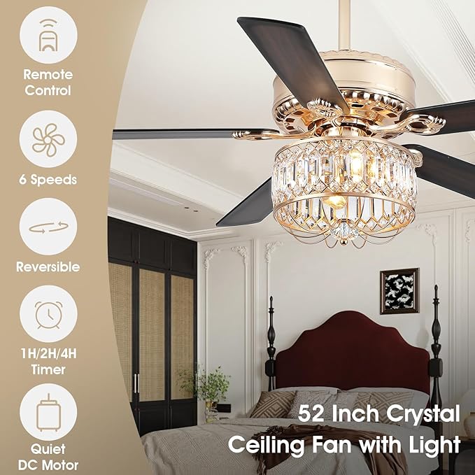 Chandelier Ceiling Fans with Lights - 52 Inch Modern Farmhouse Fandelier Ceiling Fan with Remote, Crystal Ceiling Fan Light for Bedroom Living Dining Room, Dual Finish Wooden Blades, Gold