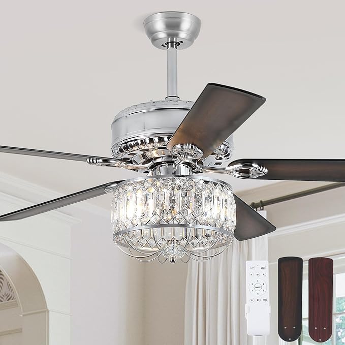 Chandelier Ceiling Fans with Lights - 52 Inch Modern Farmhouse Fandelier Ceiling Fan with Remote, Crystal Ceiling Fan Light for Bedroom Living Room, Dual Finish Wooden Blades, Chrome