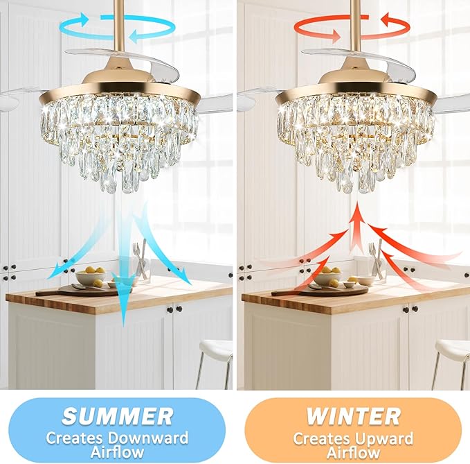 LEONTYNE 36" Modern Crystal Ceiling Fan with Lights and Remote Invisible Retractable LED Dimmable Chandelier Fan 3 Blades 6 Speeds Fandelier for Bedroom Living Room Dining Room(Gold)