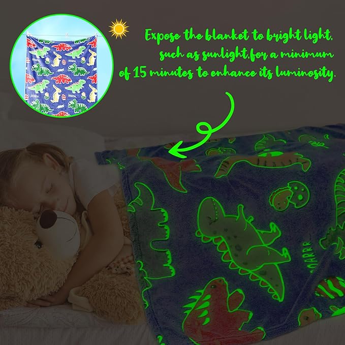 Dinosaur Blanket for Boys Glow in The Dark Blanket Dino Throw Birthday Gifts for Kids Toddlers Soft Warm Cozy Cute Dinosaur Gifts for Girls Dinosaur Room Decor Glowing Blanket