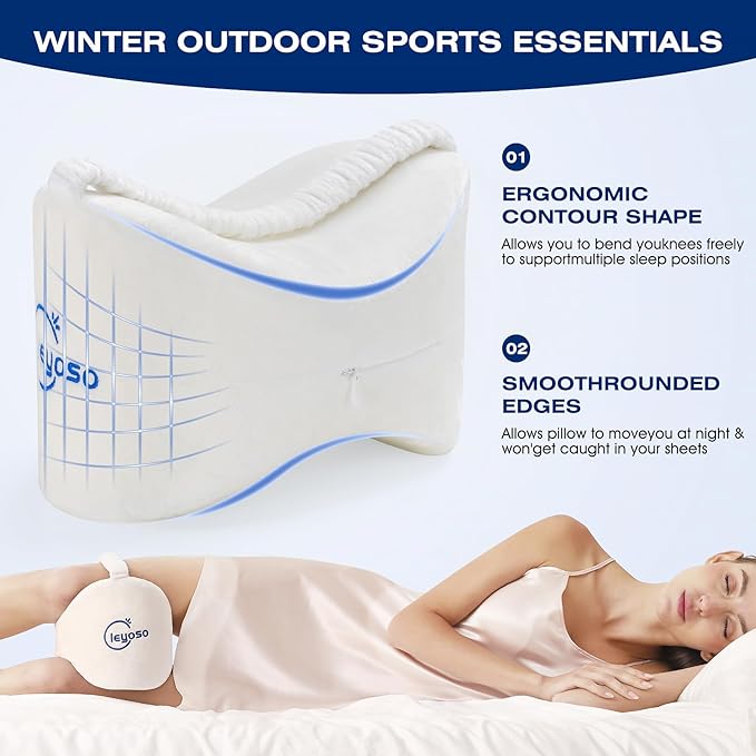Knee Leg Pillow for Side Sleepers,Leg Pillow for Side Sleeping with Strap-100% Memory Foam Wedge Contour Spacer Cushion for Back,Hip Knee Pregnancy Sciatica Pain Relief Free Sleep Mask Ear Plugs White