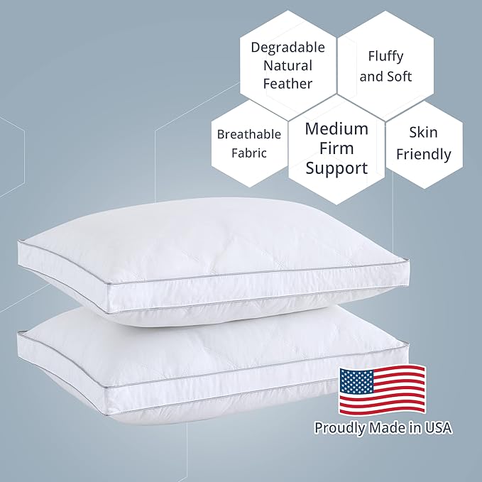puredown®Goose Feathers Down and Fiber Pillows - Made in USA Soft Fluffy Medium Firm Hotel Pillow, 100% Cotton Cover, Luxury Bed Pillows King Size Set of 2 for Back, Stomach or Side Sleeper.