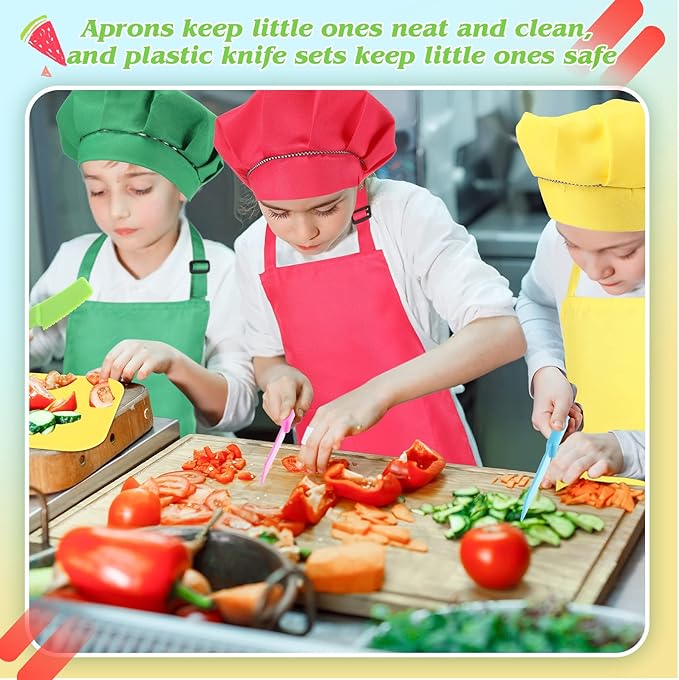 Sratte 20 Pcs Kids Apron and Chef Hat Set Kids Plastic Knife Set with Cutting Board, 5 Toddler Apron 5 Chef Hat 5 Kid Safe Knives 5 Kids Chopping Board for Baking Cooking Club, Preschool Class