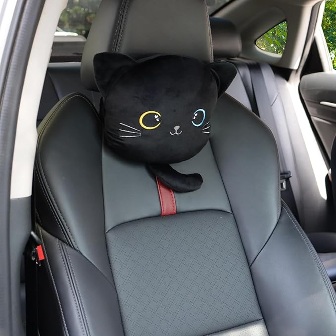 2 Pack Car Headrest Pillow, Cute Neck Pillow for Car Seat Comfortable Soft Head Neck Rest Cushion Seat Neck Support Cartoon Car Pillow for Driving, Travelling, Home Décor - Black Cat