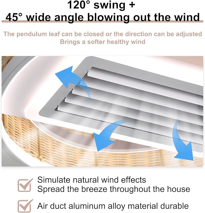 19.7''Mondern LED Bladeless Ceiling Fan, Smart Low Profile Ceiling Fan with Light, Rattan Boho Flush Mount Ceiling Fan, Dimmable Bedroom Ceiling Lights with Reversible Fans (Wood)