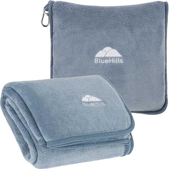 BlueHills Premium Soft Long Travel Blanket Pillow for Tall Airplane Flight Essentials Large Compact 2 in 1 Airline Blanket Throw Packable Warm Plane Traveling Accessories Grayish Blue T056