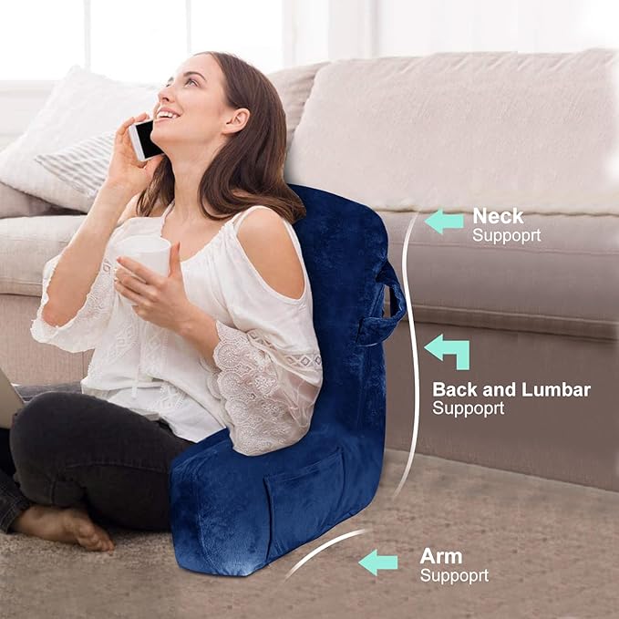 SLIGUY Reading Pillow Standard Bed Pillow for Sitting in Bed Couch or Floor-Backrest with Arms Support and Pockets, Adult Back Pillow Bed Chair for Bed Rest, Reading, Watching TV, Gaming, Blue