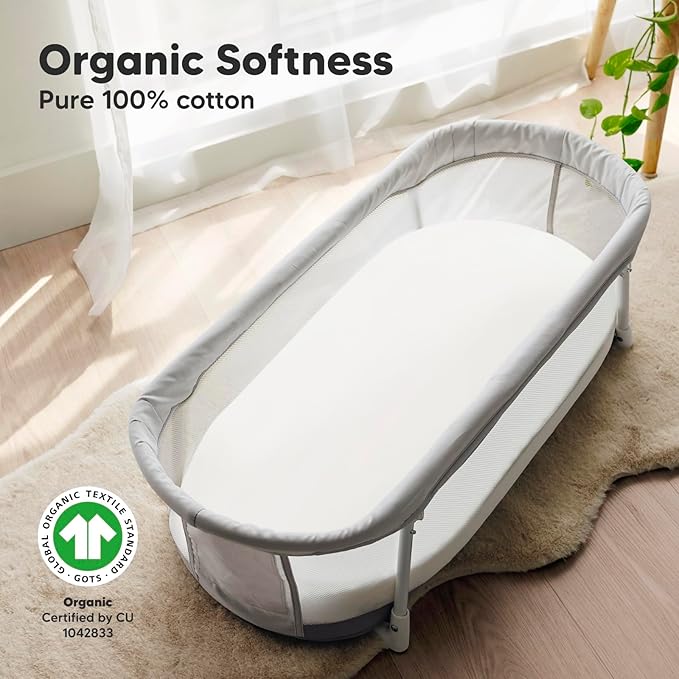 2-Pack Organic Bassinet Sheets for Girls, Boys - 100% Cotton Bassinet Mattress Sheets Compatible with Halo Bassinest Swivel Sleeper, Graco, Baby Delight, Chicco, Fitted Bassinet Sheets (Soft White)