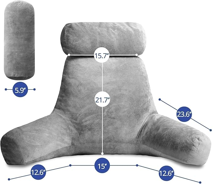 Sasttie Reading Pillow for Sitting in Bed Adult, Extra Large Back Pillow for Bed, Backrest Pillow with Detachable Head Support Cushion, College Dorm Essentials for Girls and Boys, Dark Grey