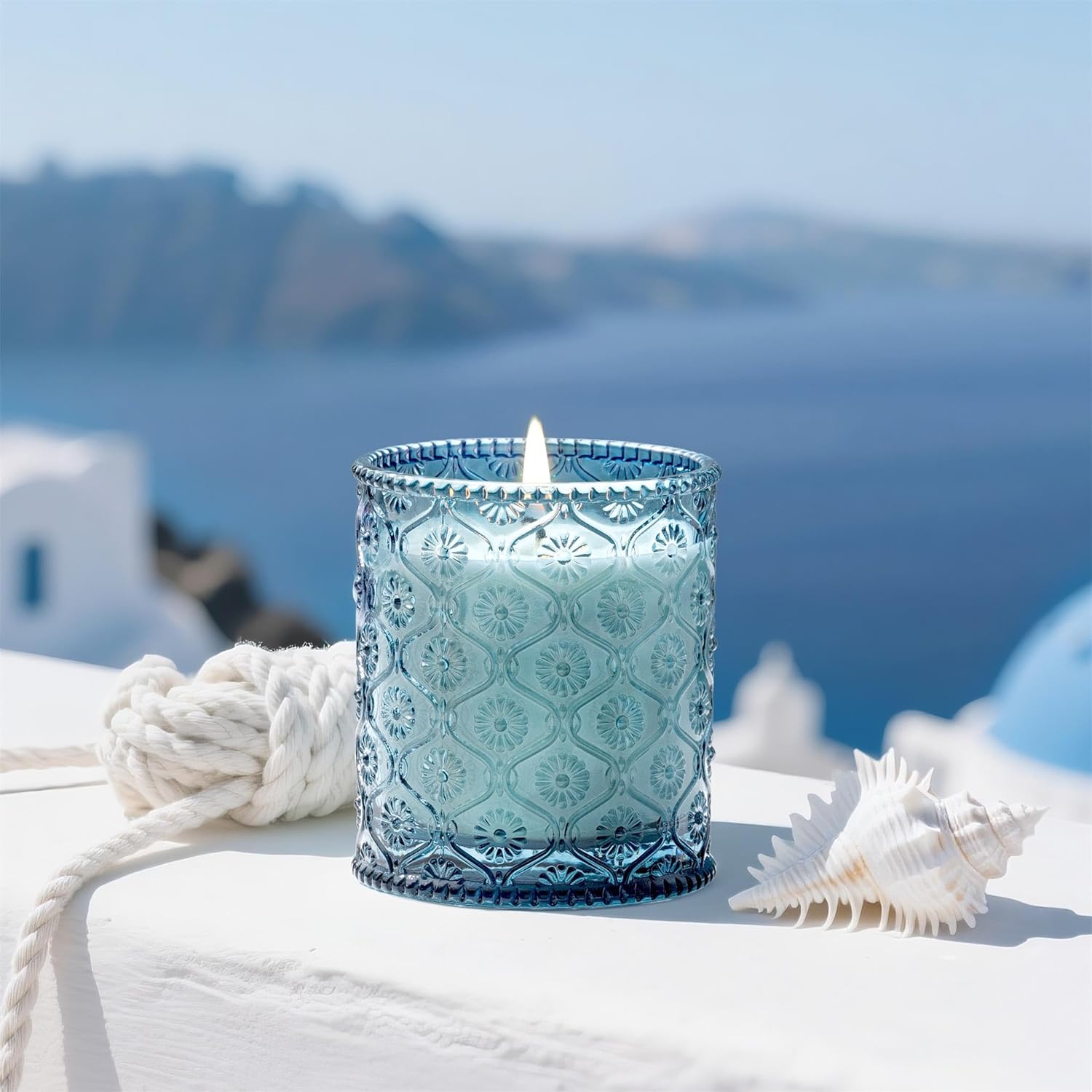 LA JOLIE MUSE Santorini Salt Air Candle - Bergamot, Sea Daffodil, Sandalwood | 6 oz Natural Soy Wax | 40 Hours Clean Burn | Ocean Scented Candle | Gift-Ready for Hosts & Gatherings