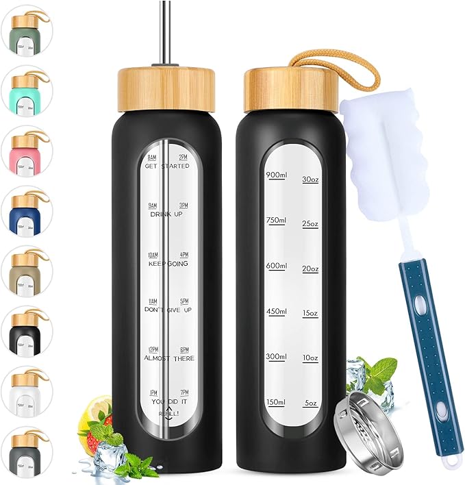 32 oz Glass Water Bottles with Straw - Motivational Glass Water Bottle with Time Marker & Silicone Sleeve - Reusable Glass Tumbler Includes 2 Bamboo Lids & Fruit Infuser - 1 Pack