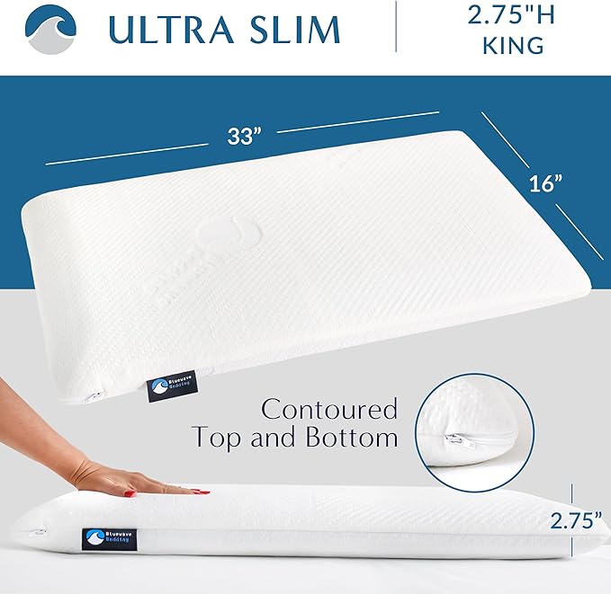 Bluewave Bedding Ultra Slim Gel Memory Foam Pillow for Stomach and Back Sleepers - Thin, Flat Design for Cervical Neck Alignment and Deeper Sleep (2.75-Inches Height, King Size)