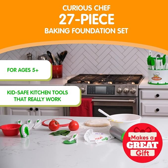 Curious Chef 27-Piece Kitchen Foundation Kit for Kids, includes Real Cooking and Baking Tools, Dishwasher Safe and Made with BPA-Free Plastic