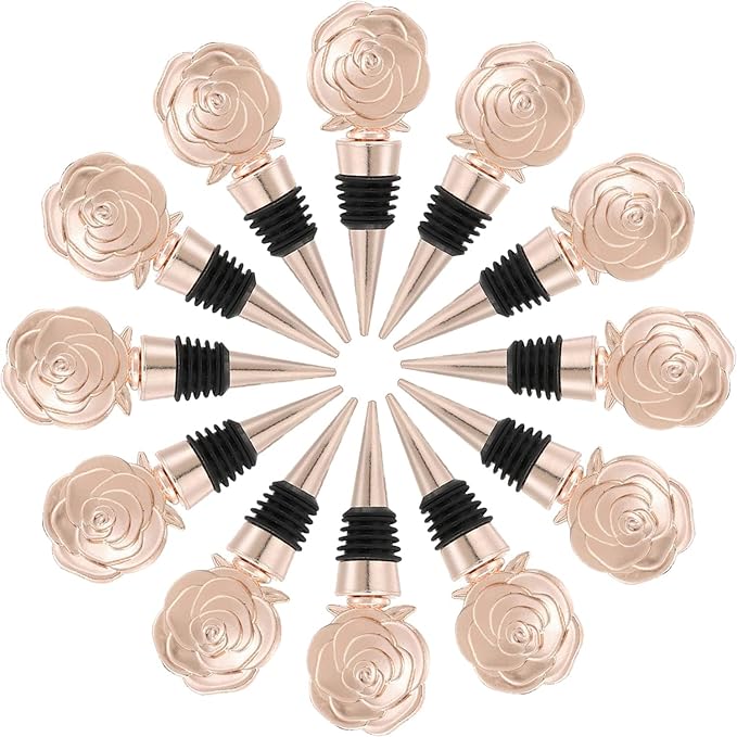 12PCS Rose Beverage Wine Bottle Stopper Wine Caps Reusable Plug Keep Wine Fresh for Birthday Wedding Bridal Shower Favors for Guests Gifts with Kraft Tags(12,Opp Rose Stopper)