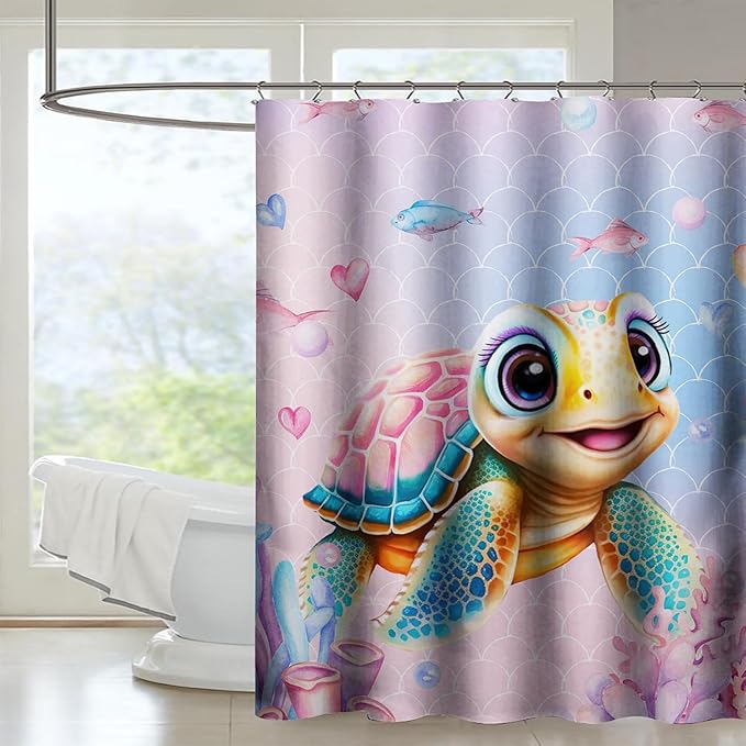 AILONEN Kawaii Sea Turtle Shower Curtain,Tie Die Turtle Bath Curtain Cloth Fabric Bathroom 36" W*72" H Inch,12 Pack Hooks for Kids Child,Watercolor Scale Bathroom Curtain