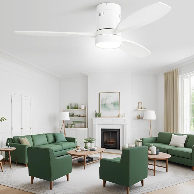 Sofucor 52 Inch Low Profile Ceiling Fan with Lights Remote Control Wood Blades Reversible DC Motor Modern Ceiling Fan for Kitchen, Bedroom, Basement, Dining, Living Room, White wood