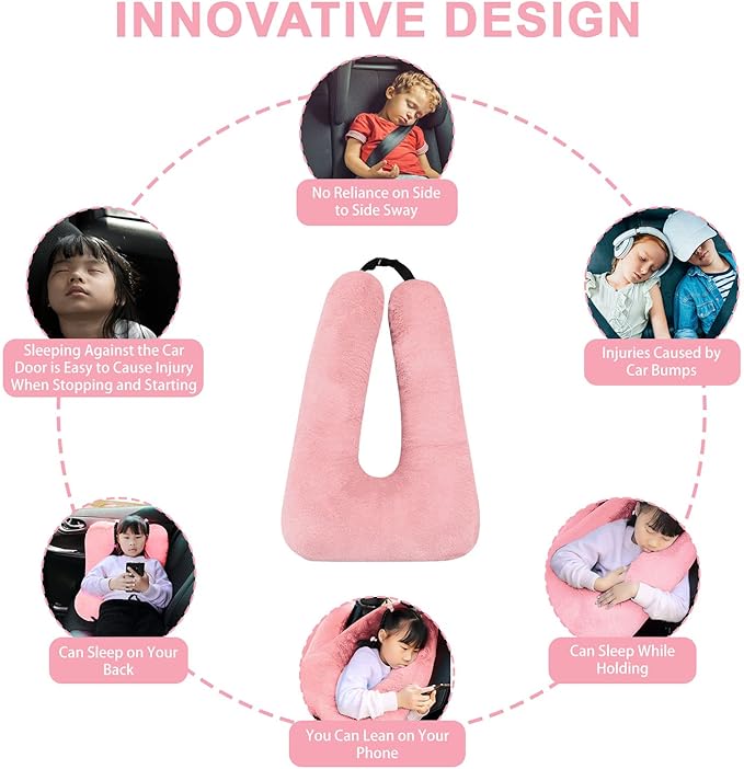 Travel Pillow, Travel Pillow for Kids, Sleeper Hold Pillow Travel, Removable U-Shaped Pillow for Adults and Children to Support Head and Body in The Back Seat of Long Car Trips (Pink)