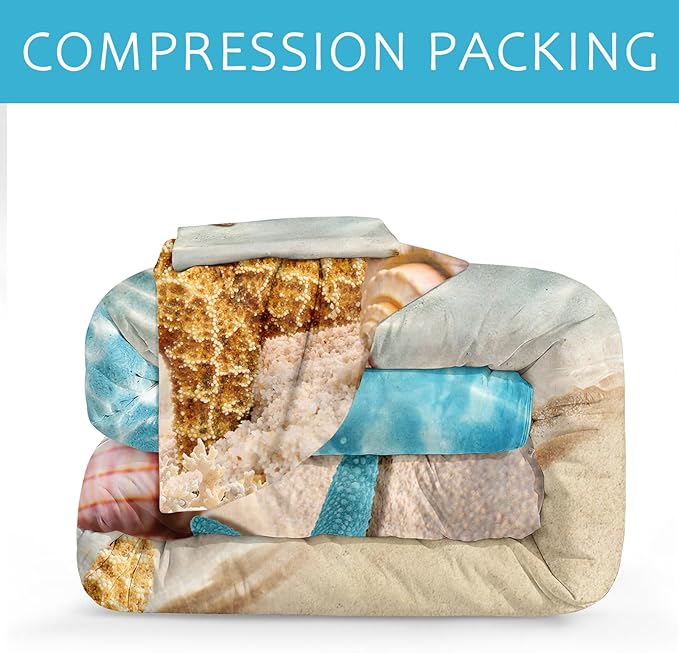 Bedbay Beach Theme Comforter Set King Size Coastal Bedding Set 4 Pcs Starfish Shell Conch Sea Life Printed Ocean Comforter Set King Bedding Set Beach Themed Room Decor (Aqua,King)