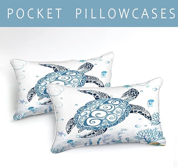 Bedbay Sea Turtle Comforter Set Coastal Bedding Set Turtle Printed 4 Pcs Beach Bedding Quilt Set Coral Blue Underwater World Duvet Set Girls Teen Sealife Ocean Comforter Bedroom Decor(Coral,Queen)