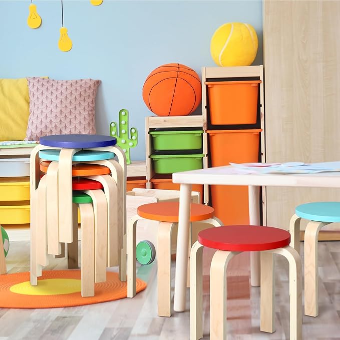 10 Pcs 12 Inch Bentwood Stacking Stool for Kids Colored Durable Round Nesting Stool Flexible Wood Stackable Stool Chairs for Playroom Daycare Home Classroom (Multicolored)